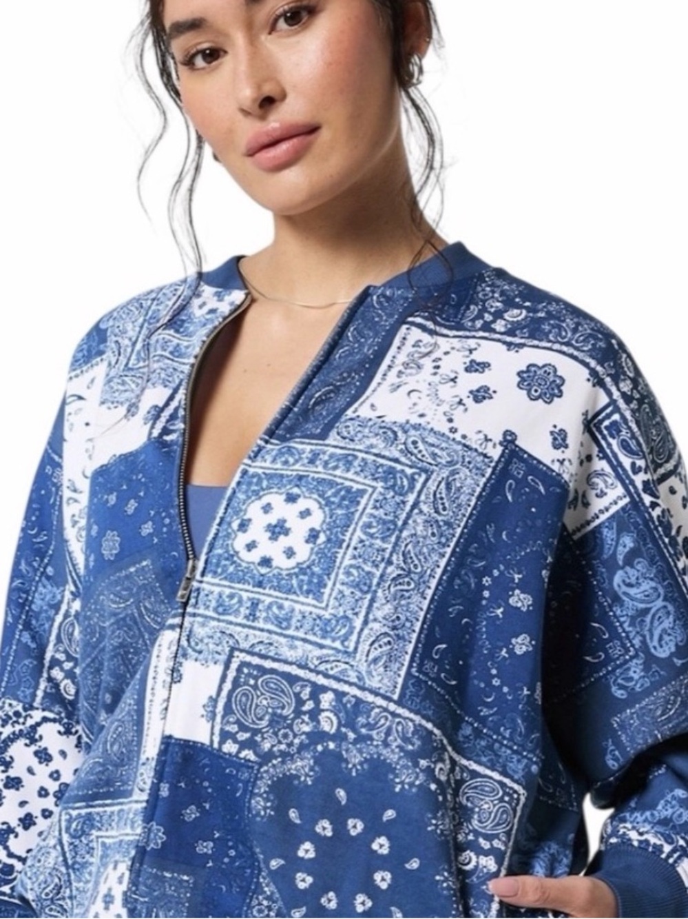Fabletics Blue Patchwork Bandana Zip-Up Jacket